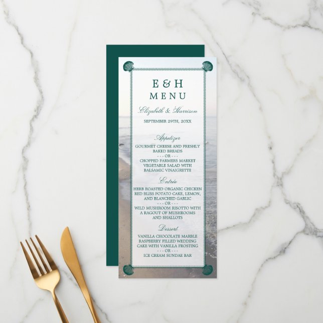 Elegant Monogram & Teal Scallop Beach Wedding Menu (Front/Back In Situ)