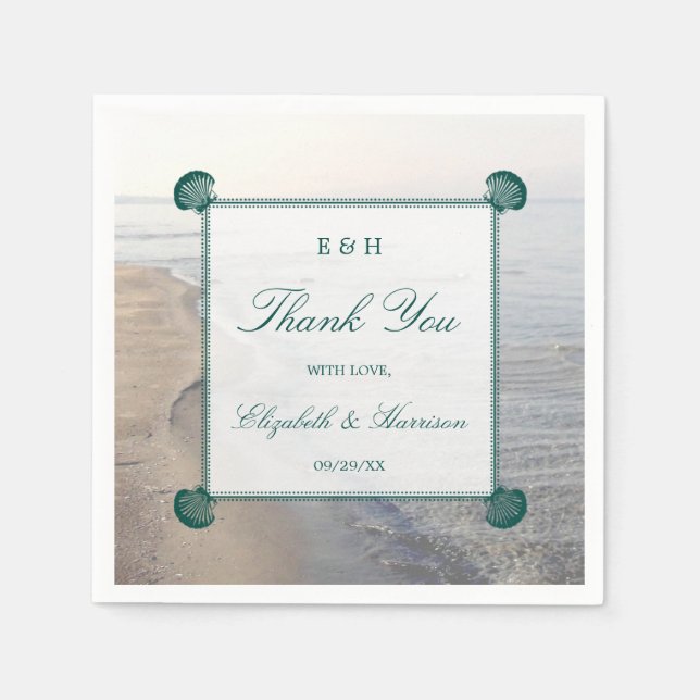 Elegant Monogram & Teal Scallop Beach Wedding Napkin (Front)