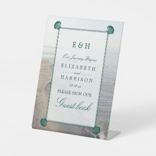 Elegant Monogram & Teal Scallop Beach Wedding Pedestal Sign