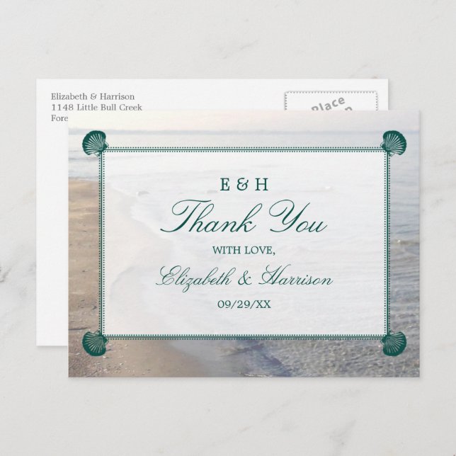 Elegant Monogram & Teal Scallop Beach Wedding Postcard (Front/Back)