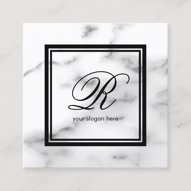 Elegant monogram template white marble stone square business card (Front)