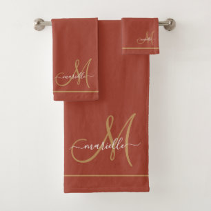 Elegant Monogram Terracotta Gold Script Name Bath Towel Set