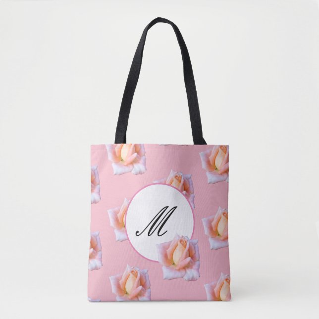 Elegant monogram Tote Pink Rose Flowers Bag (Front)