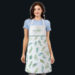 Elegant Monogram, Turquoise and Green Leaf Pattern Apron<br><div class="desc">Add your own initial and name and make this gorgeous apron your very own! Exquisite watercolor greenery foliage pattern made up of different kinds of leaves in a beautiful blend of turquoise, teal, pale green and lime green soft tones. Top area in white with you initial in a soft lime...</div>