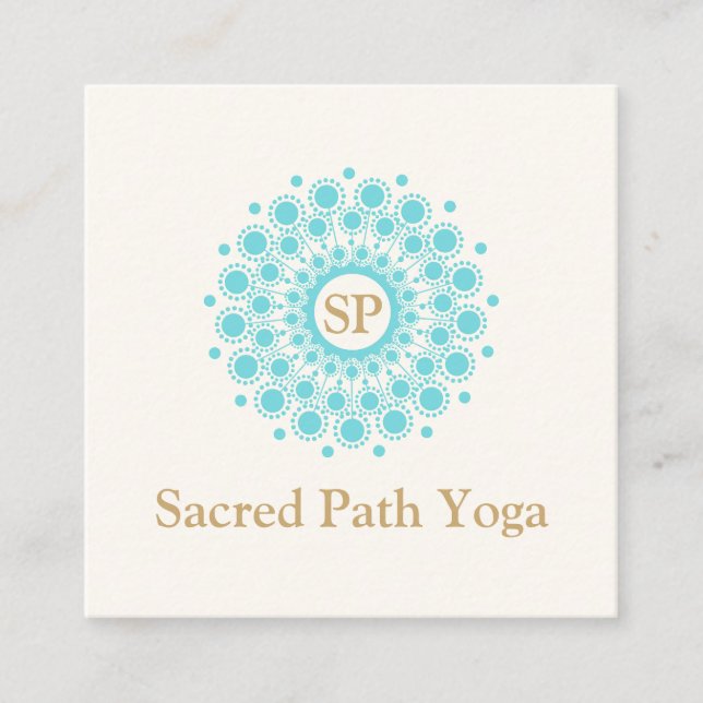 Elegant Monogram Turquoise Blue Mandala Square Business Card (Front)