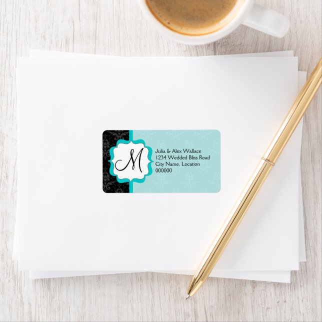 Elegant Monogram Turquoise Damask Label (Insitu)