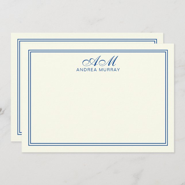 Elegant Monogram Two Border Navy Blue Ivory Card (Front/Back)