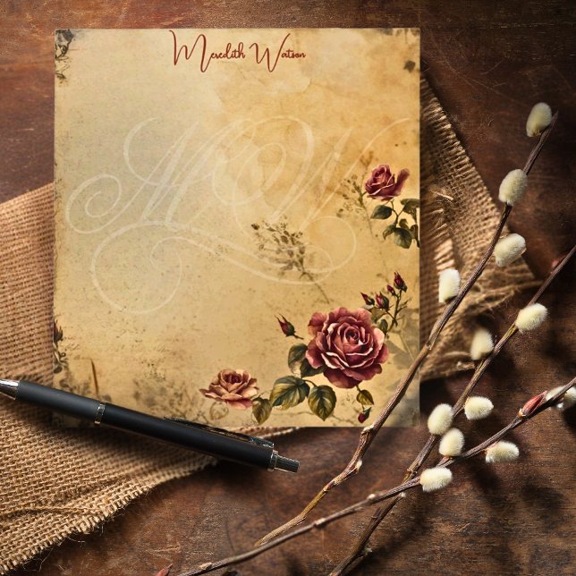 Elegant Monogram Vintage Paper Floral Rose Notepad (Creator Uploaded)