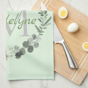 Elegant Monogram Watercolor Botanical Tea Towel