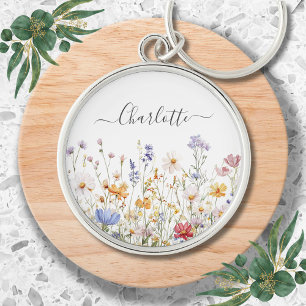 Elegant Monogram Watercolor Colorful Wildflower Key Ring