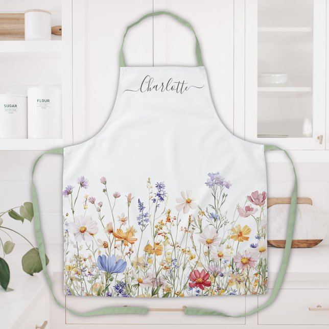 Elegant Monogram Watercolor Colourful Wildflower Apron (In situ)