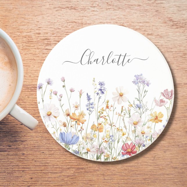 Elegant Monogram Watercolor Colourful Wildflower Coaster (In situ)
