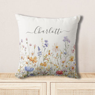 Elegant Monogram Watercolor Colourful Wildflower Cushion