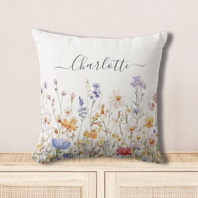 Elegant Monogram Watercolor Colourful Wildflower Cushion (In situ)