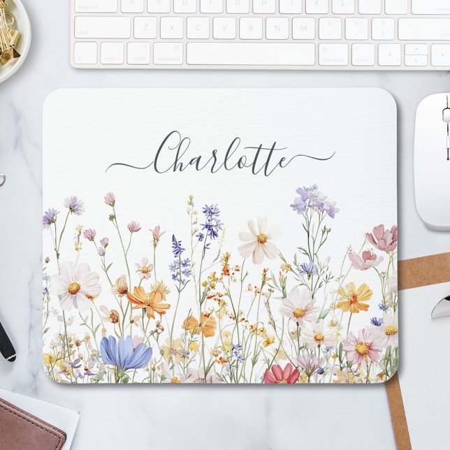 Elegant Monogram Watercolor Colourful Wildflower Mouse Pad (In situ)