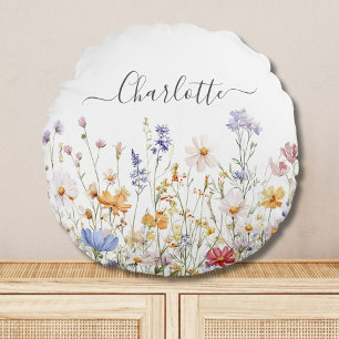 Elegant Monogram Watercolor Colourful Wildflower Round Cushion