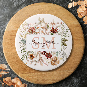 Elegant Monogram Watercolor Fall Wildflower Floral 7.5 Cm Round Badge
