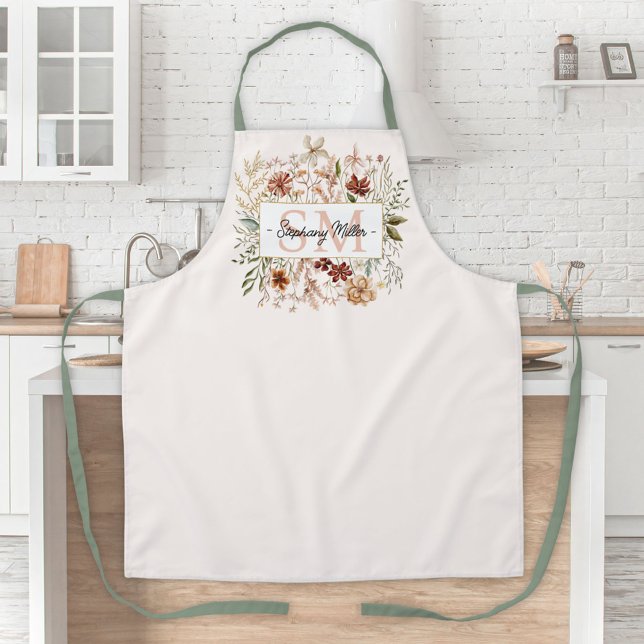 Elegant Monogram Watercolor Fall Wildflower Floral Apron (In situ)