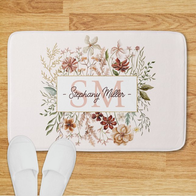 Elegant Monogram Watercolor Fall Wildflower Floral Bath Mat (In situ)