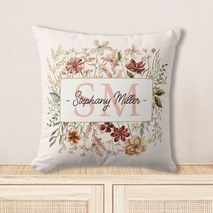 Elegant Monogram Watercolor Fall Wildflower Floral Cushion