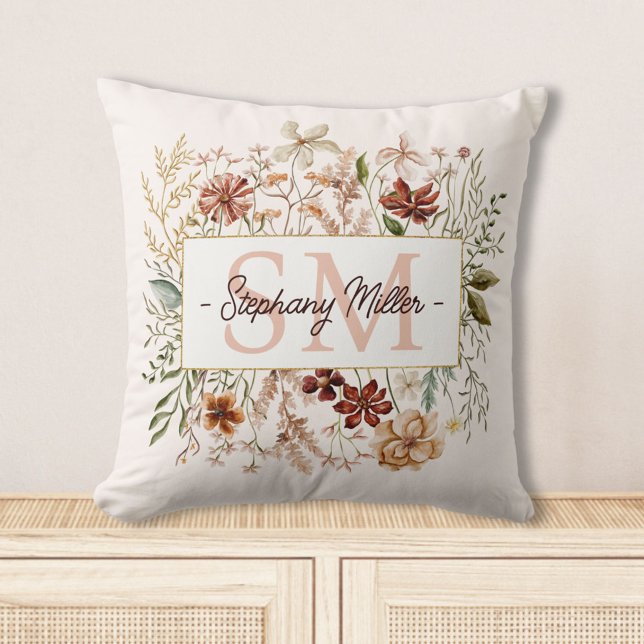 Elegant Monogram Watercolor Fall Wildflower Floral Cushion (In situ)