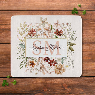 Elegant Monogram Watercolor Fall Wildflower Floral Cutting Board
