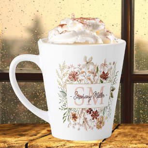 Elegant Monogram Watercolor Fall Wildflower Floral Latte Mug