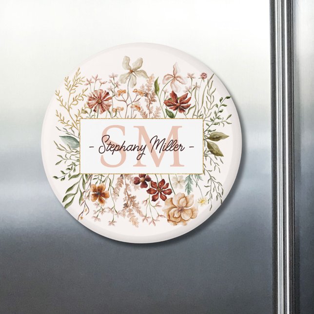 Elegant Monogram Watercolor Fall Wildflower Floral Magnet (In situ)