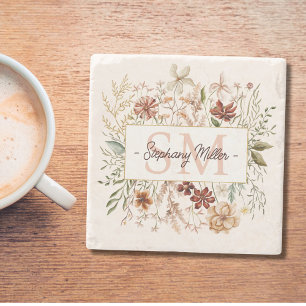 Elegant Monogram Watercolor Fall Wildflower Floral Stone Coaster