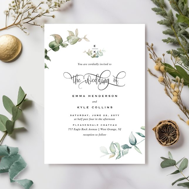 Elegant Monogram Watercolor Greenery Wedding Invitation (Creator Uploaded)