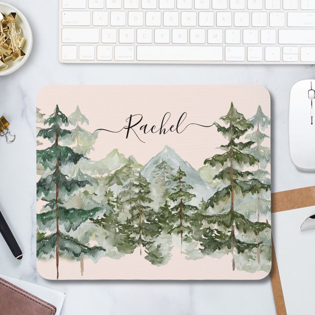 Elegant Monogram Watercolor Pine Forest Mountain Mouse Pad (In situ)