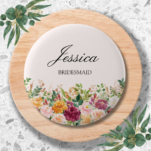 Elegant Monogram Watercolor Rose Flower Bridesmaid 6 Cm Round Badge