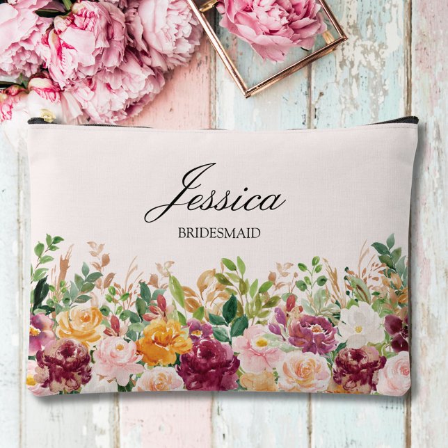 Elegant Monogram Watercolor Rose Flower Bridesmaid Accessory Pouch (Close up)