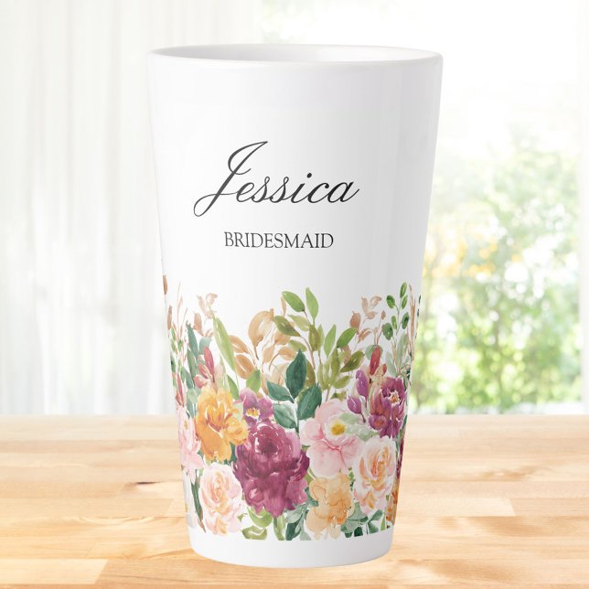 Elegant Monogram Watercolor Rose Flower Garden Latte Mug (In situ)
