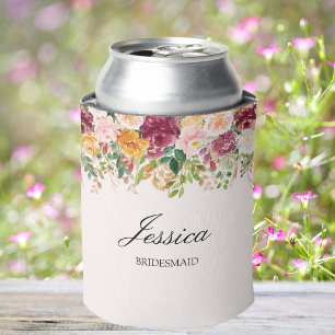 Elegant Monogram Watercolor Rose Garden Bridesmaid Can Cooler