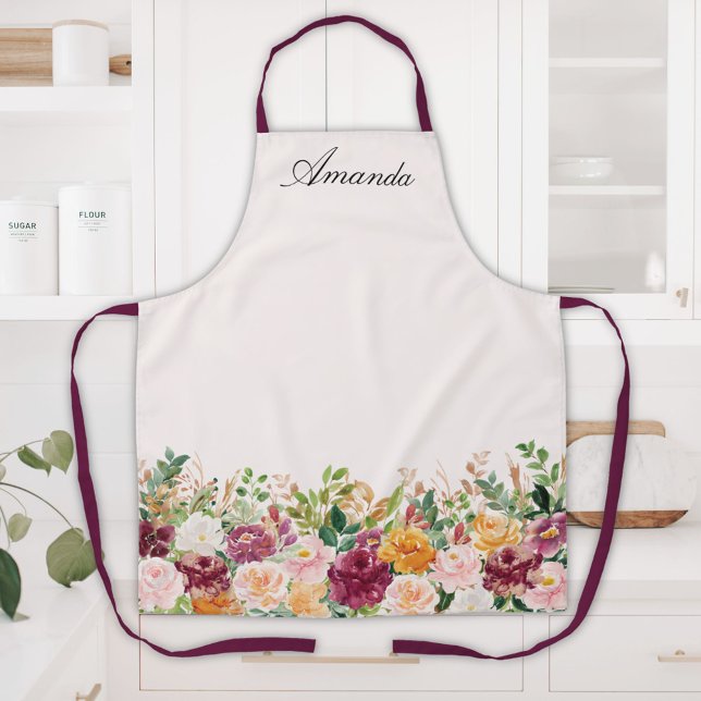 Elegant Monogram Watercolor Rose Garden Floral Apron (In situ)