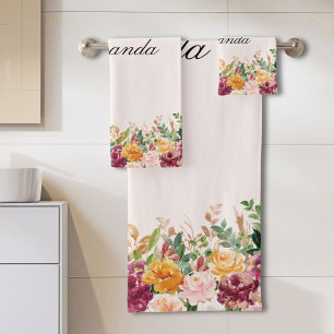 Elegant Monogram Watercolor Rose Garden Floral Bath Towel Set