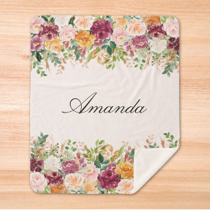 Elegant Monogram Watercolor Rose Garden Floral Sherpa Blanket