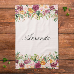 Elegant Monogram Watercolor Rose Garden Floral Tea Towel