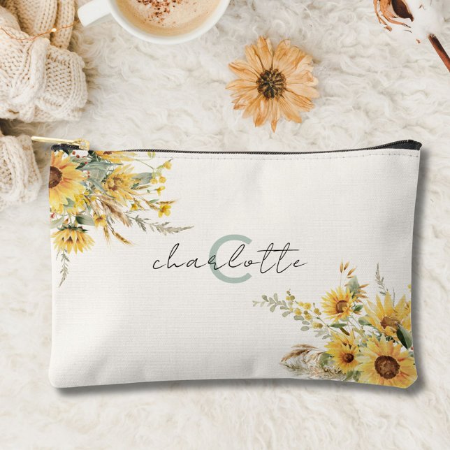 Elegant Monogram Watercolor Sunflower Bouquet Accessory Pouch (In situ)