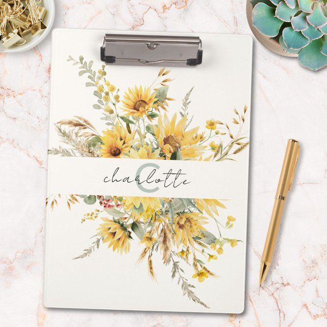 Elegant Monogram Watercolor Sunflower Bouquet Clipboard (In situ)