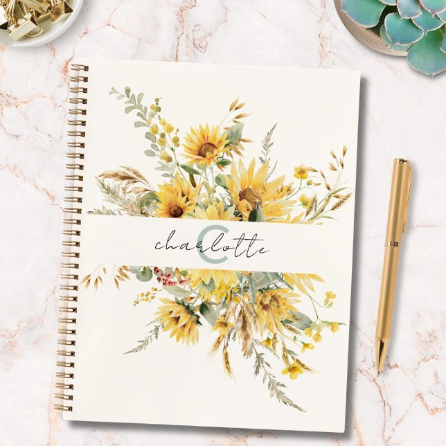 Elegant Monogram Watercolor Sunflower Bouquet Notebook (In situ)