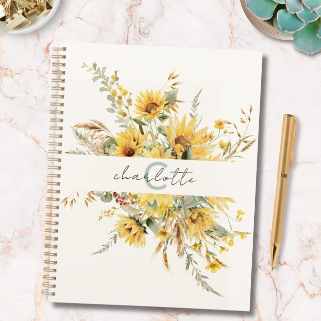 Elegant Monogram Watercolor Sunflower Bouquet Planner (In situ)