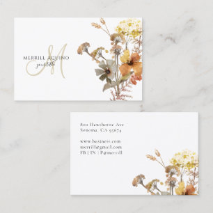 Elegant Monogram Watercolor Wildflowers Business Card