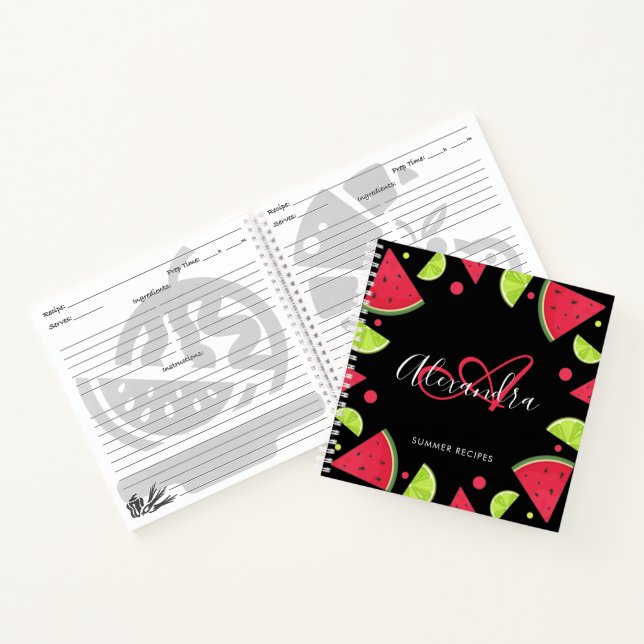 Elegant Monogram Watermelon Lemon Red Name Recipe  Notebook (Inside)