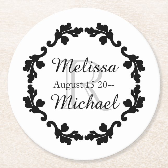 Elegant monogram wedding black white grey round paper coaster (Front)