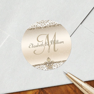 Elegant Monogram Wedding Champagne Fleur de Lis Classic Round Sticker