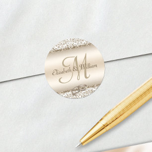 Elegant Monogram Wedding Champagne Metallic Classic Round Sticker