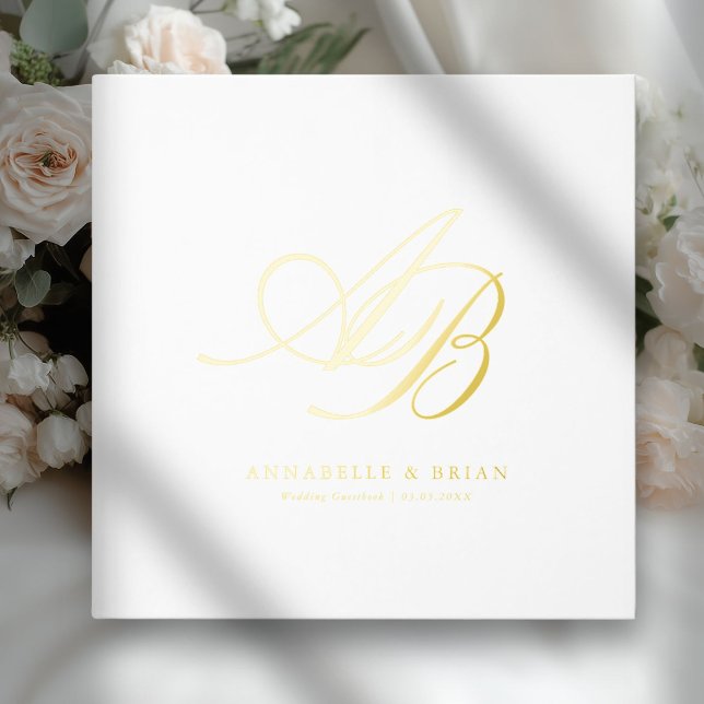 Elegant, Monogram, Wedding  Guest Book (White, Monogram, Scripted Font, Foil Wedding Guest Book. )