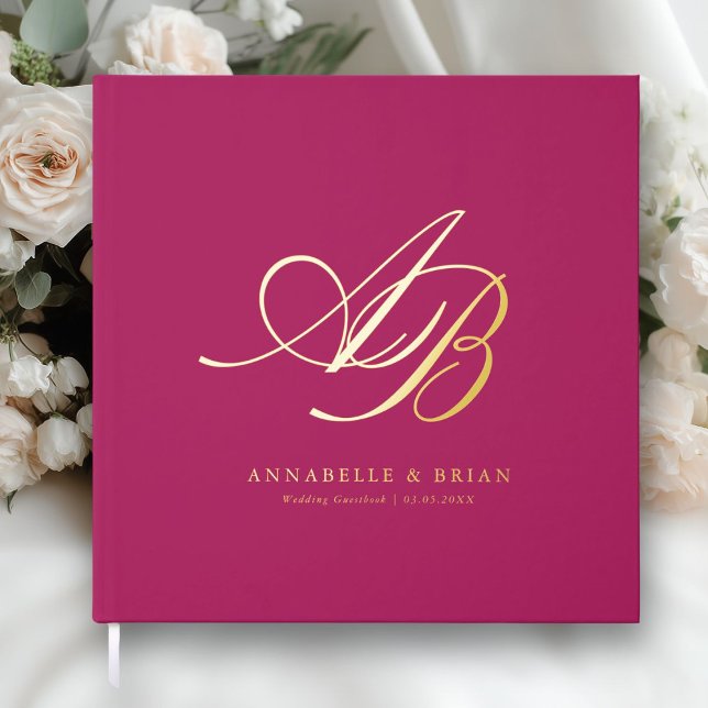 Elegant, Monogram, Wedding  Guest Book (Berry, Monogram, Scripted Font, Foil Wedding Guest Book. )